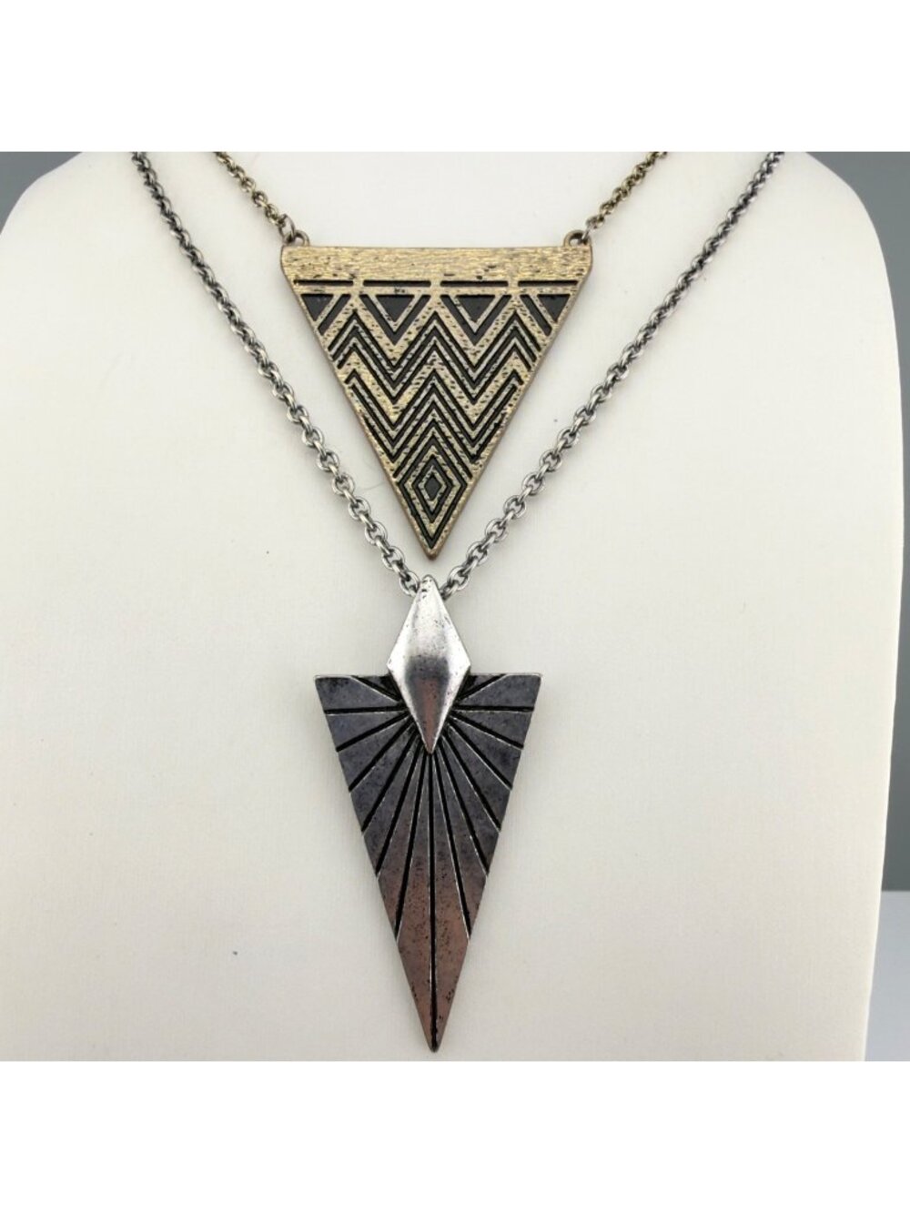 Arrowhead Pendant Necklace Set of 2 Chevron Triangle Mixed Metal Tribal 36"
